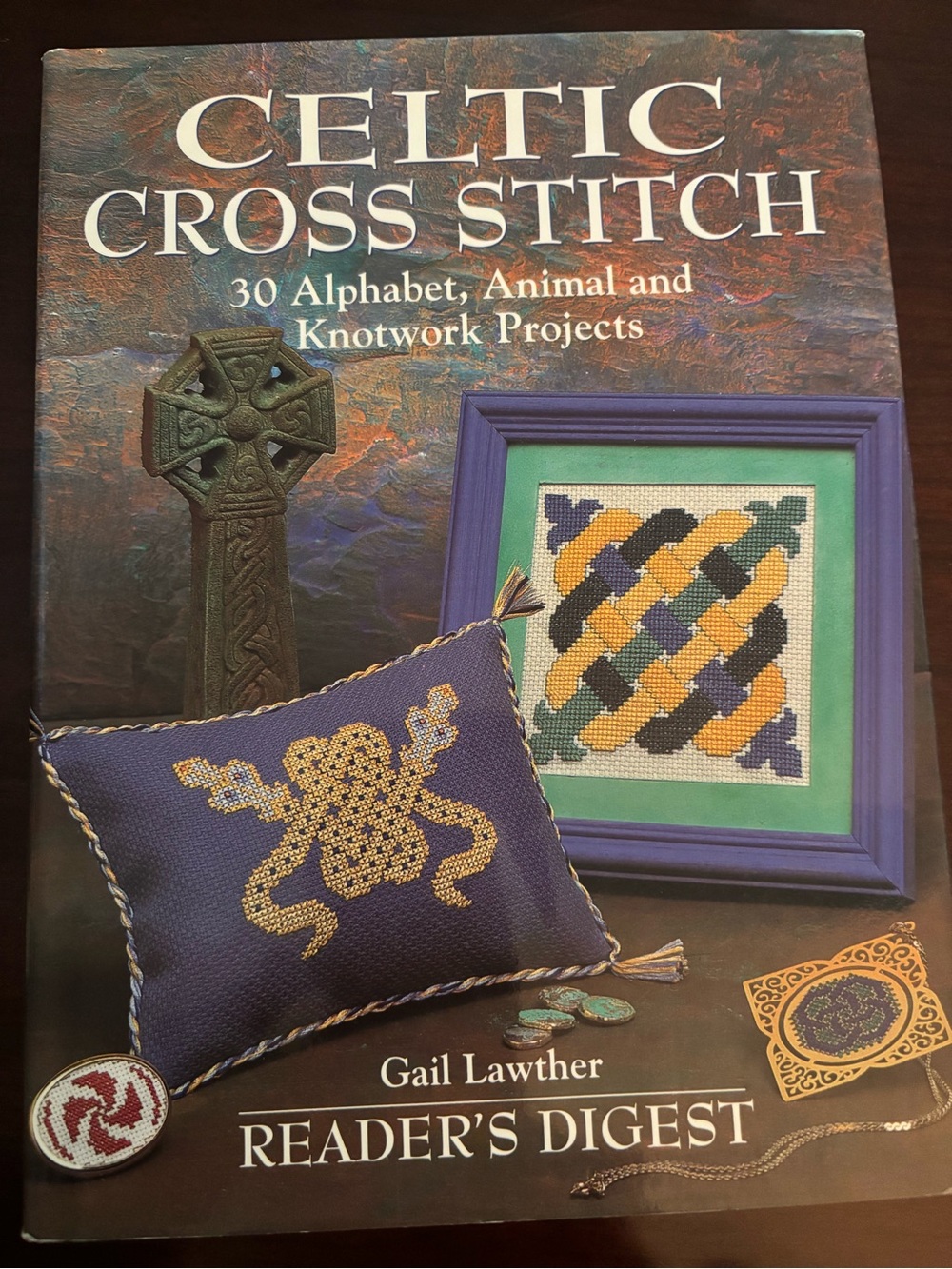 RARE new cond Celtic Cross Stitch Pattern Book - Navy, Gold & Green Out-of-Print